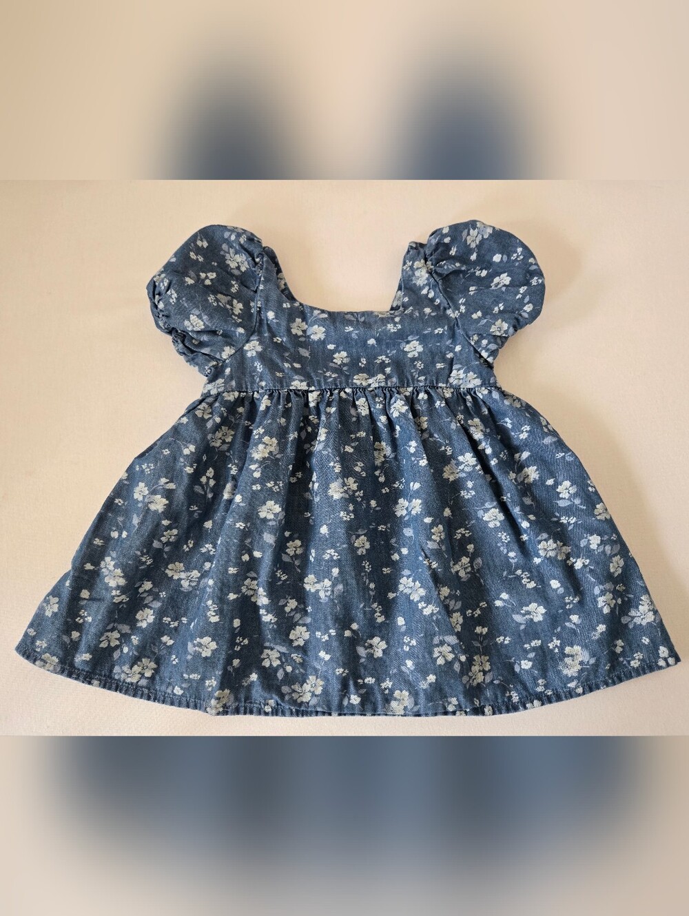 GAP Blue Denim Floral Puff-Sleeve Dress
